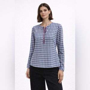 J. Jill Blue Gray Gingham Popover Top Medium Ribbon Trim Casual Cottagecore